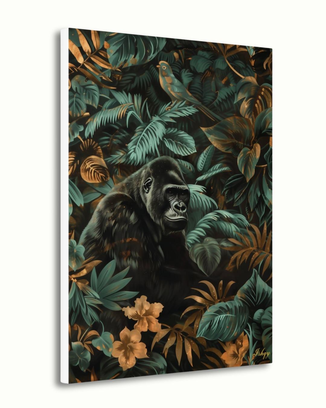 Gorilla Jungle Painting Canvas Framed Canvas, Tropical Rainforest Wildlife Art Print, Botanical Wall Art For Living Room Large Bedroom Decor