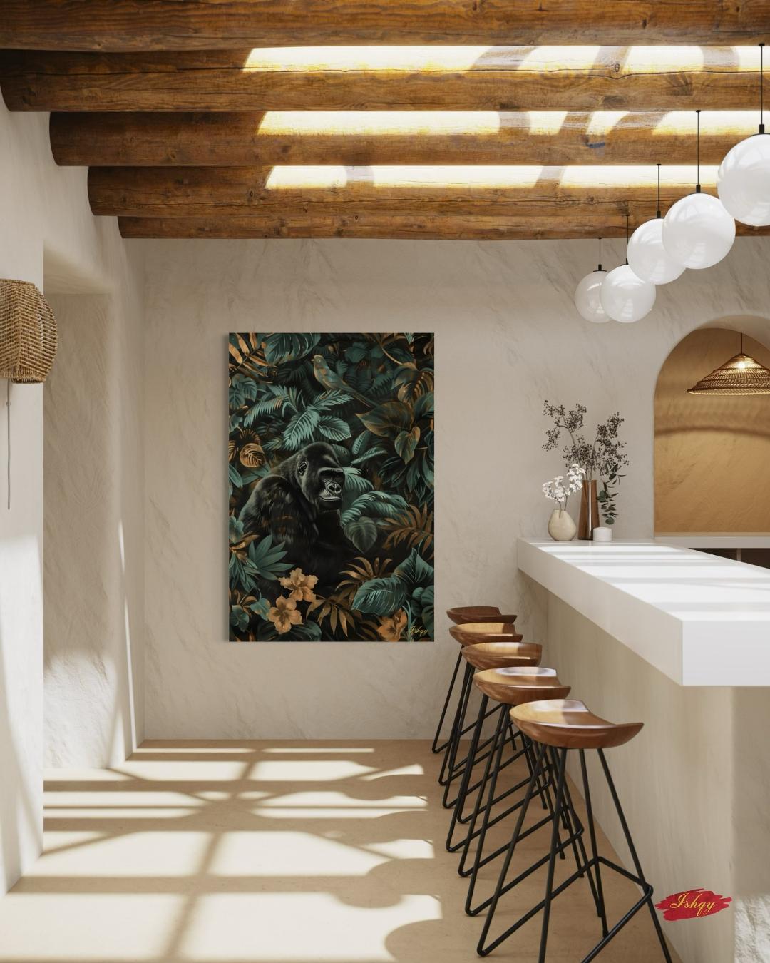 Gorilla Jungle Painting Canvas Framed Canvas, Tropical Rainforest Wildlife Art Print, Botanical Wall Art For Living Room Large Bedroom Decor