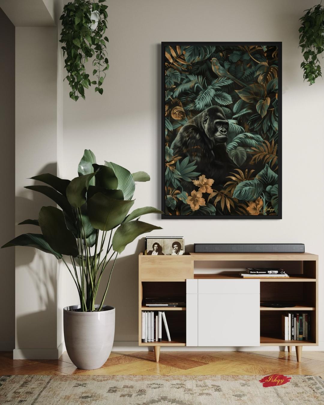 Gorilla Jungle Painting Canvas Framed Canvas, Tropical Rainforest Wildlife Art Print, Botanical Wall Art For Living Room Large Bedroom Decor