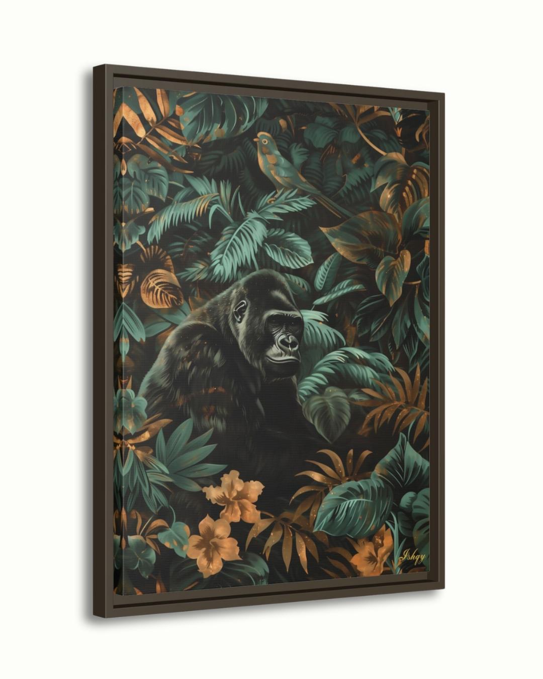 Gorilla Jungle Painting Canvas Framed Canvas, Tropical Rainforest Wildlife Art Print, Botanical Wall Art For Living Room Large Bedroom Decor