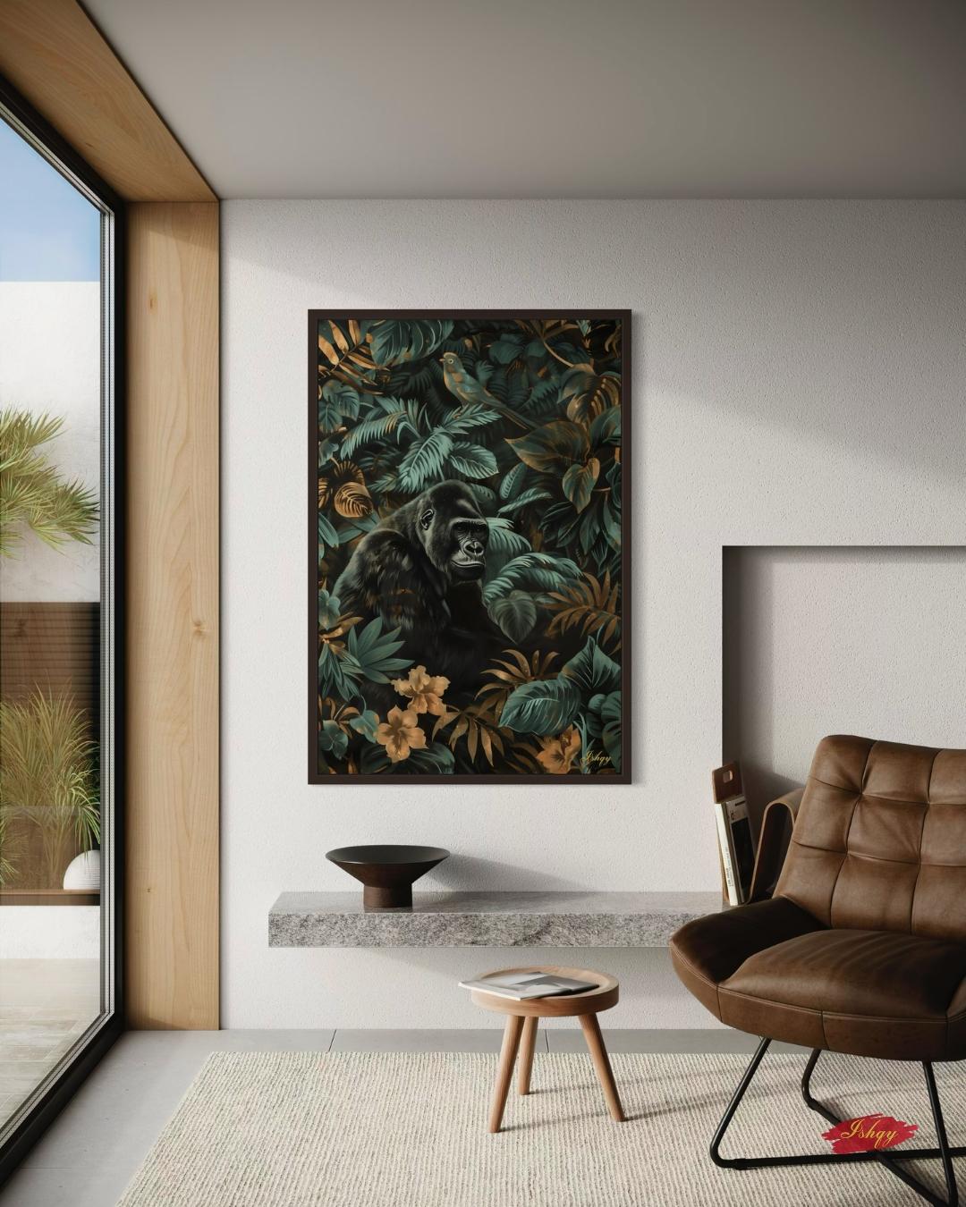 Gorilla Jungle Painting Canvas Framed Canvas, Tropical Rainforest Wildlife Art Print, Botanical Wall Art For Living Room Large Bedroom Decor