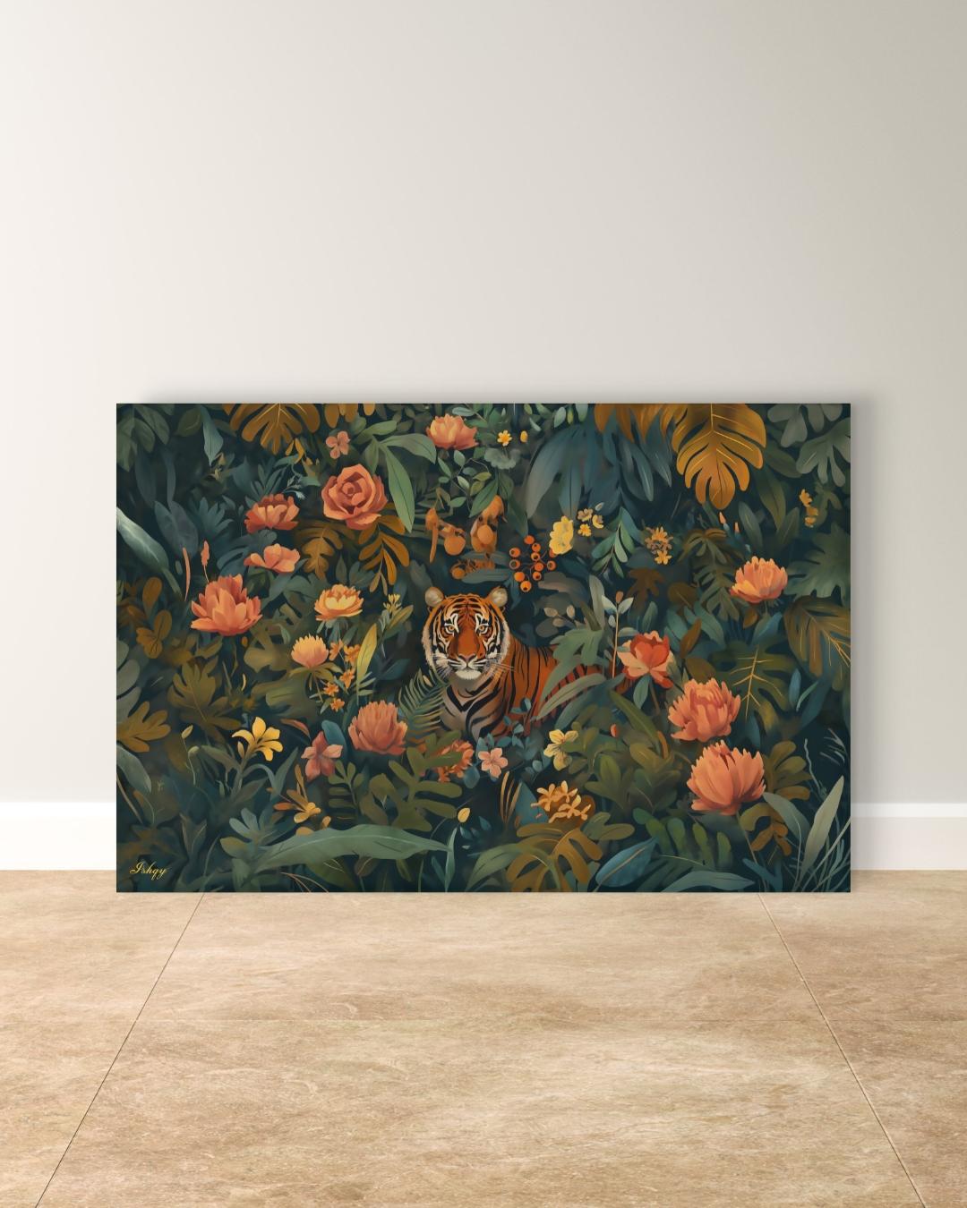 Tiger Jungle Painting Canvas Framed Canvas, Tropical Floral Wildlife Art Print, Botanical Wall Art For Living Room Bedroom, Large Home Decor