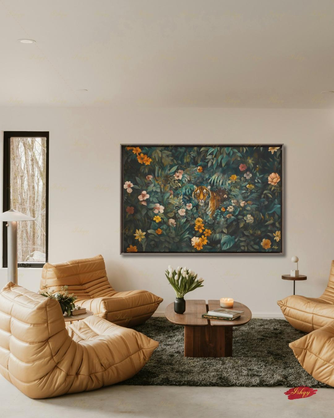 Oversized Tiger Canvas Wall Art, Dark Botanical Jungle Framed Canvas Print, Extra Large Maximalist Floral Painting, Above Bed Decor