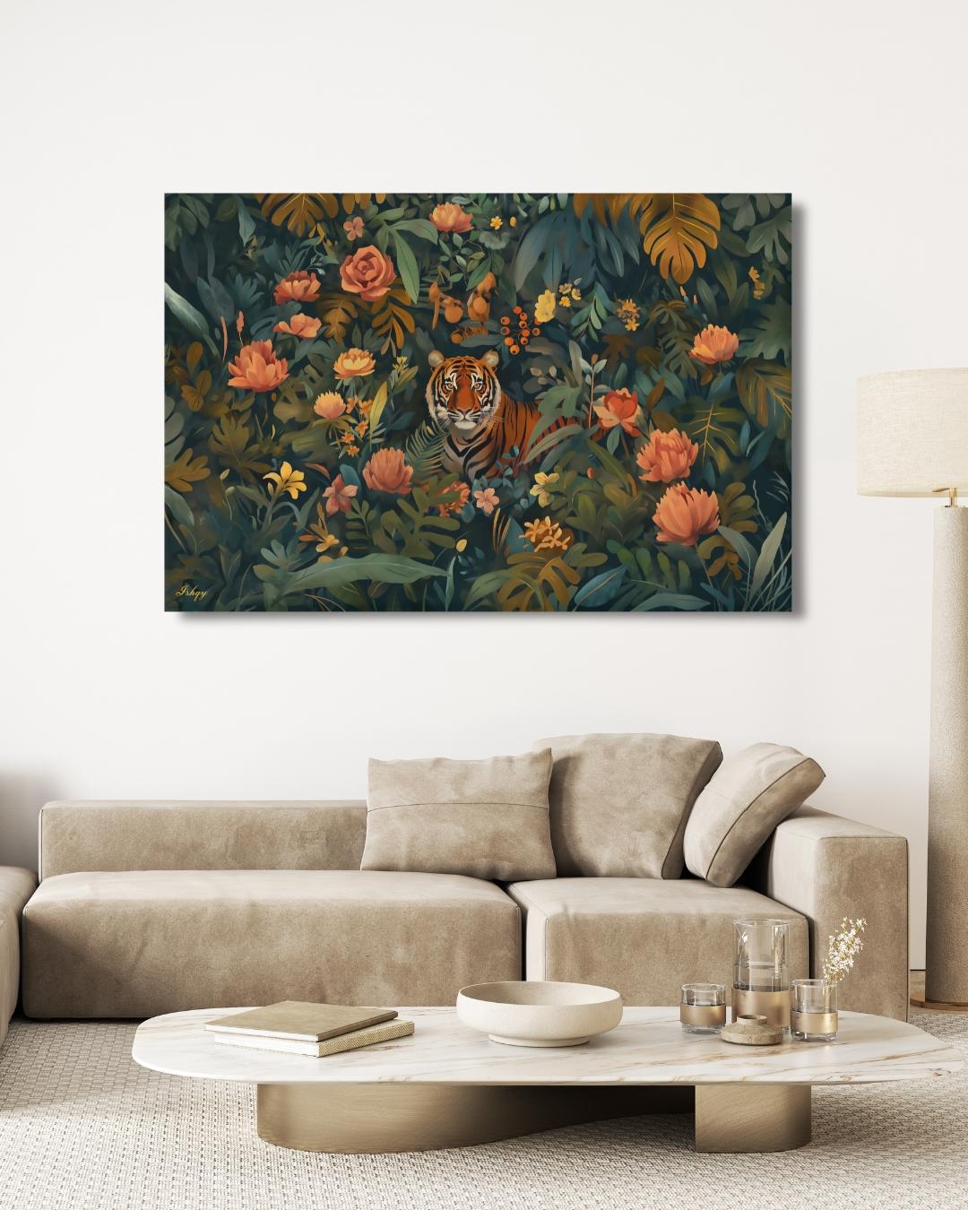 Tiger Jungle Painting Canvas Framed Canvas, Tropical Floral Wildlife Art Print, Botanical Wall Art For Living Room Bedroom, Large Home Decor