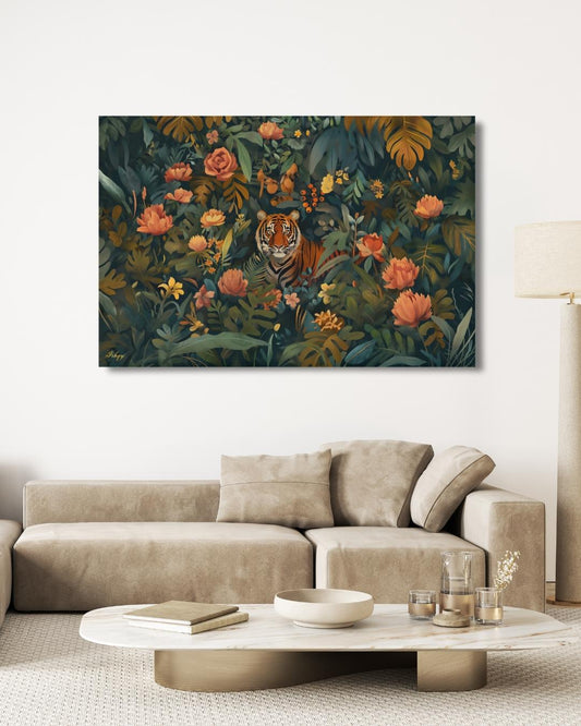Tiger Jungle Painting Canvas Framed Canvas, Tropical Floral Wildlife Art Print, Botanical Wall Art For Living Room Bedroom, Large Home Decor