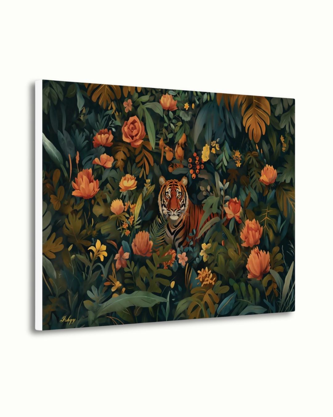Tiger Jungle Painting Canvas Framed Canvas, Tropical Floral Wildlife Art Print, Botanical Wall Art For Living Room Bedroom, Large Home Decor