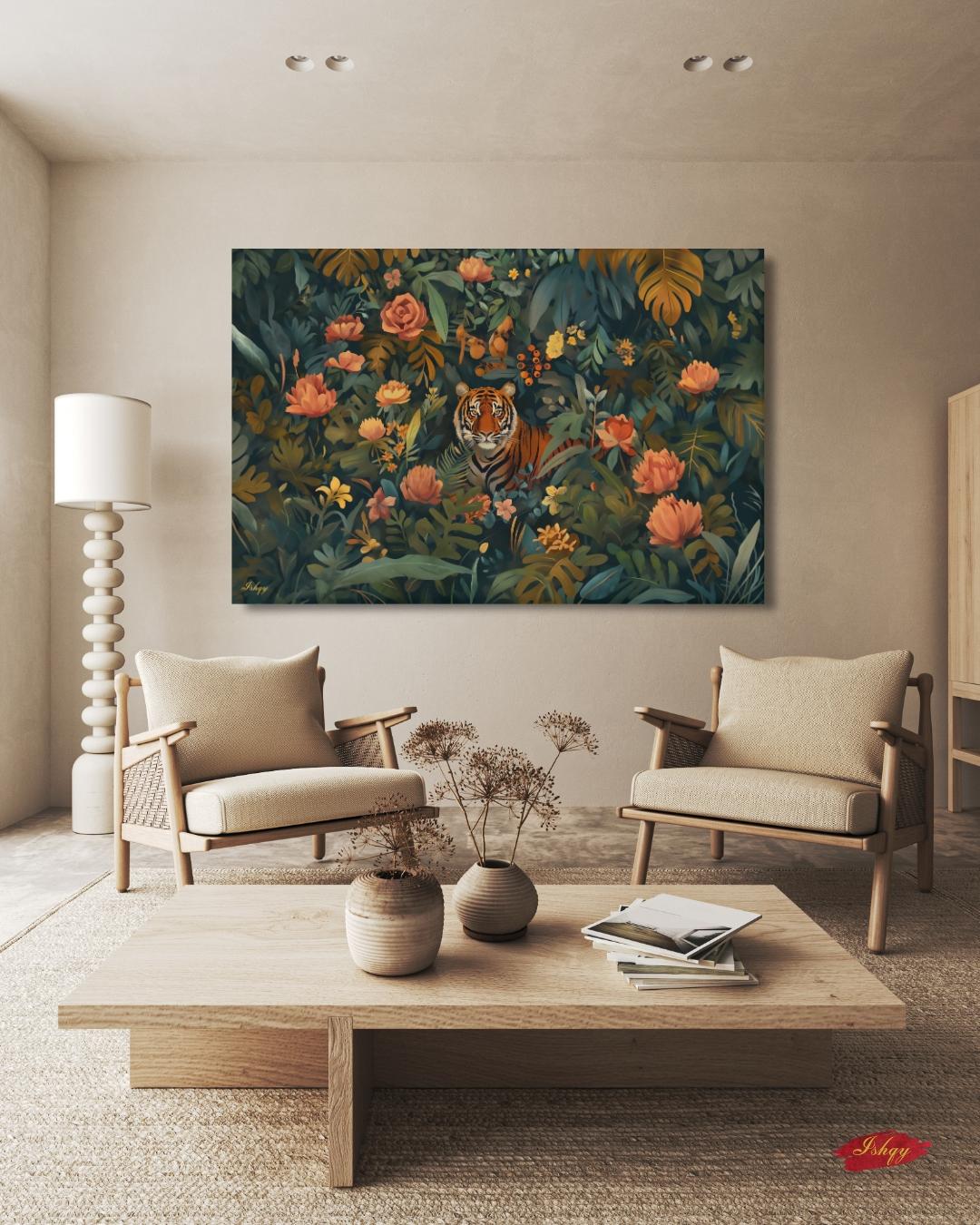 Tiger Jungle Painting Canvas Framed Canvas, Tropical Floral Wildlife Art Print, Botanical Wall Art For Living Room Bedroom, Large Home Decor