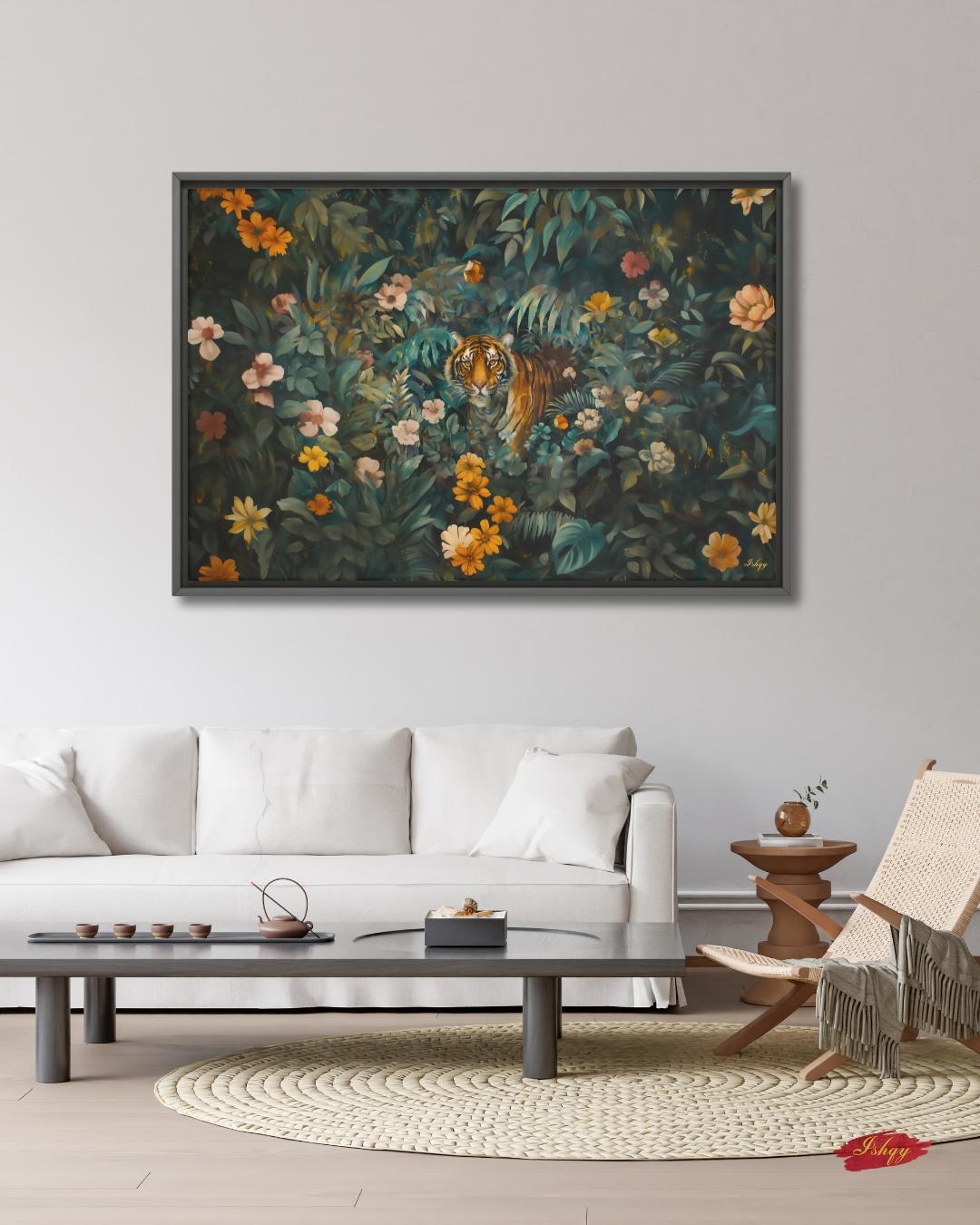 Tiger Jungle Painting Canvas Framed Canvas, Tropical Floral Wildlife Art Print, Botanical Wall Art For Living Room Bedroom, Large Home Decor