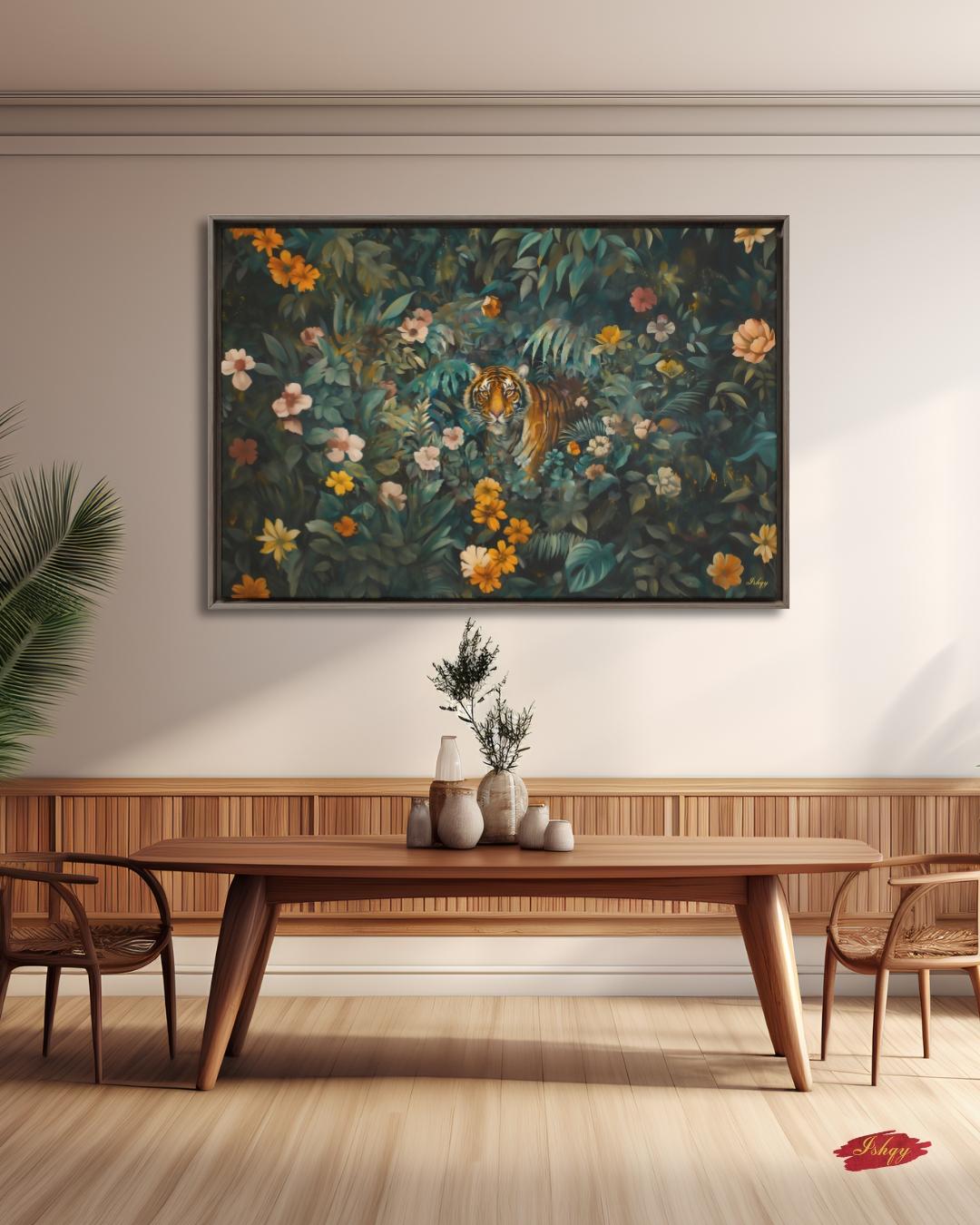 Tiger Jungle Painting Canvas Framed Canvas, Tropical Floral Wildlife Art Print, Botanical Wall Art For Living Room Bedroom, Large Home Decor