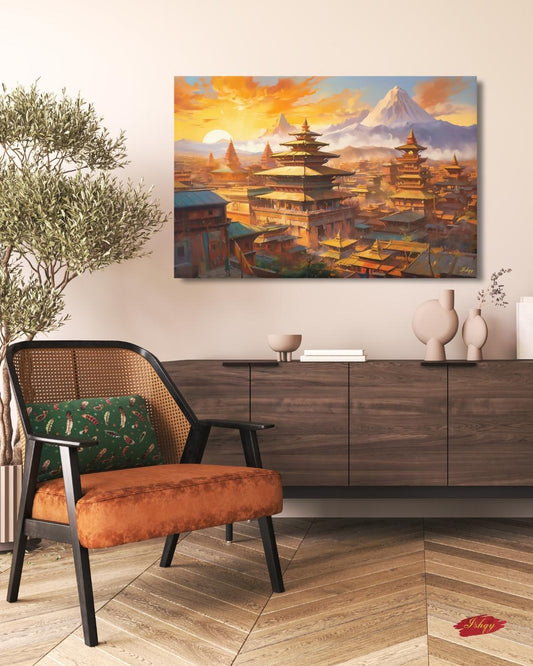 Kathmandu Nepal Cityscape Painting Canvas Framed Canvas, Pagoda Temples Skyline Art Print, Himalayan Sunset Wall Art For Living Room Decor