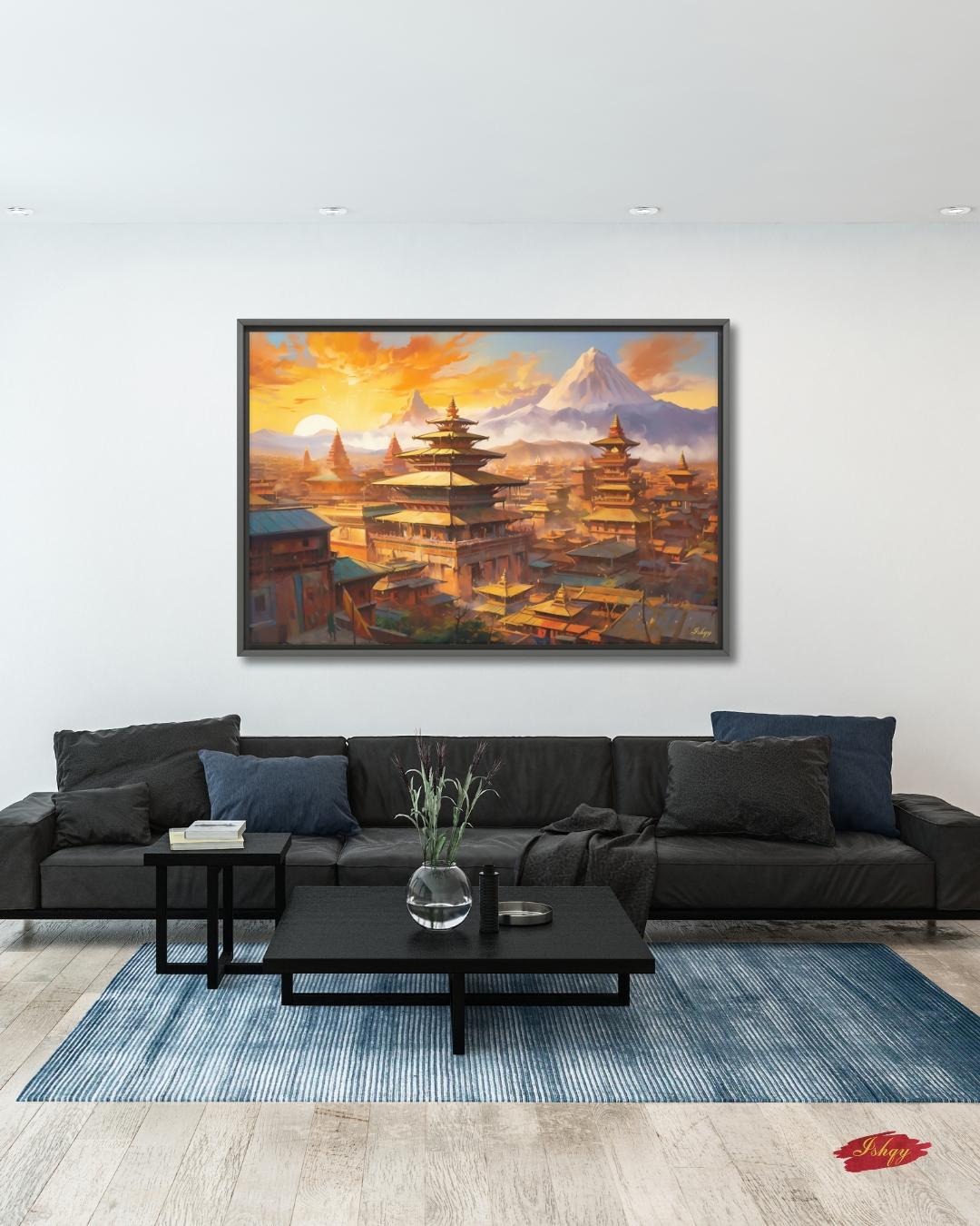 Kathmandu Nepal Cityscape Painting Canvas Framed Canvas, Pagoda Temples Skyline Art Print, Himalayan Sunset Wall Art For Living Room Decor