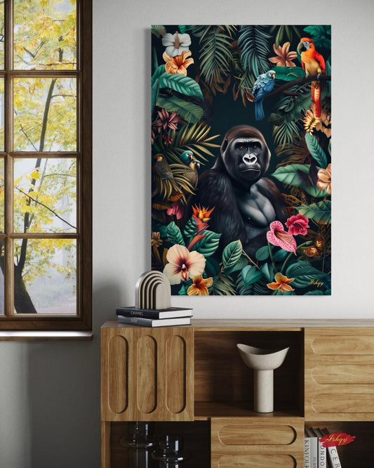 Jungle Gorilla Painting Canvas Framed Canvas, Tropical Rainforest Wildlife Art Print, Colorful Jungle Wall Art For Living Room, Bedroom, Office