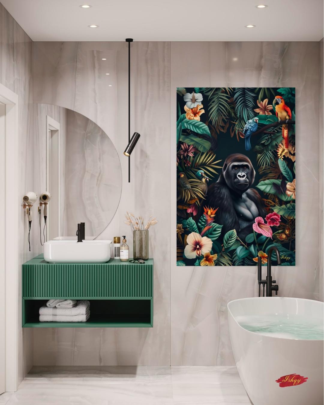 Jungle Gorilla Painting Canvas Framed Canvas, Tropical Rainforest Wildlife Art Print, Colorful Jungle Wall Art For Living Room, Bedroom, Office