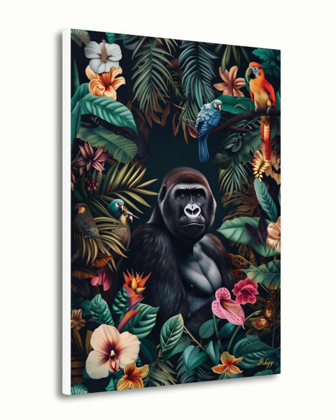 Jungle Gorilla Painting Canvas Framed Canvas, Tropical Rainforest Wildlife Art Print, Colorful Jungle Wall Art For Living Room, Bedroom, Office