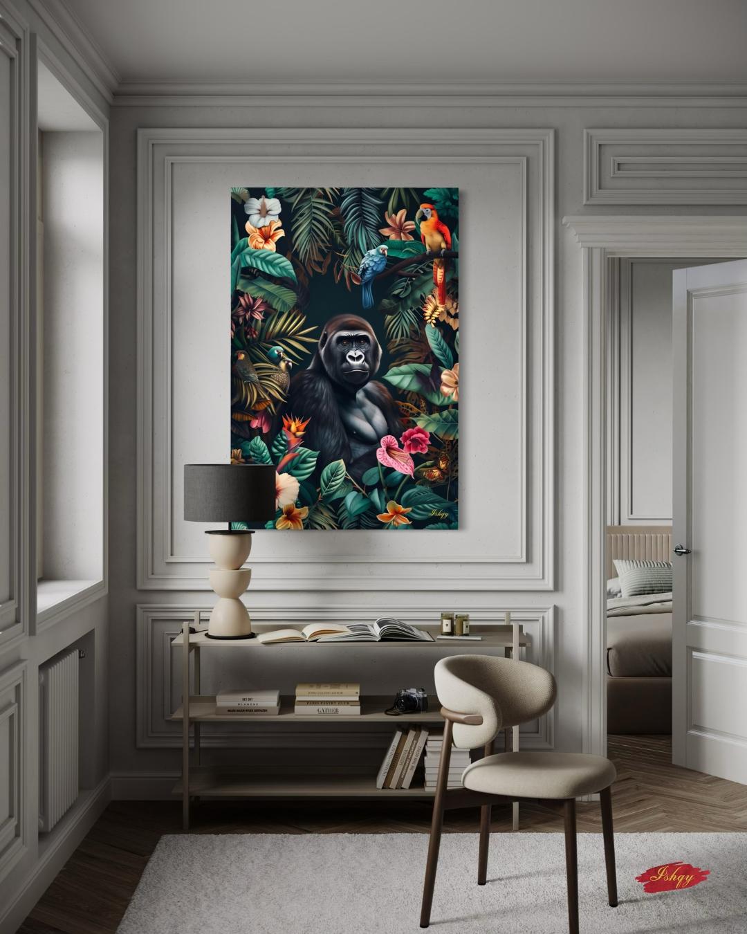 Jungle Gorilla Painting Canvas Framed Canvas, Tropical Rainforest Wildlife Art Print, Colorful Jungle Wall Art For Living Room, Bedroom, Office