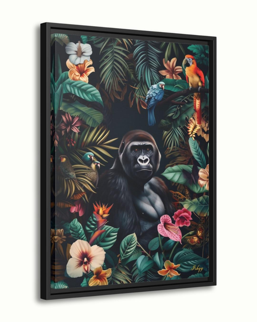 Jungle Gorilla Painting Canvas Framed Canvas, Tropical Rainforest Wildlife Art Print, Colorful Jungle Wall Art For Living Room, Bedroom, Office