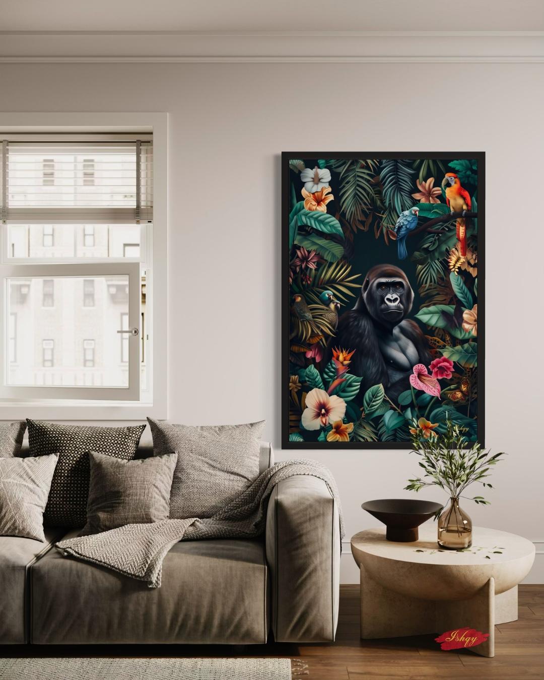 Jungle Gorilla Painting Canvas Framed Canvas, Tropical Rainforest Wildlife Art Print, Colorful Jungle Wall Art For Living Room, Bedroom, Office