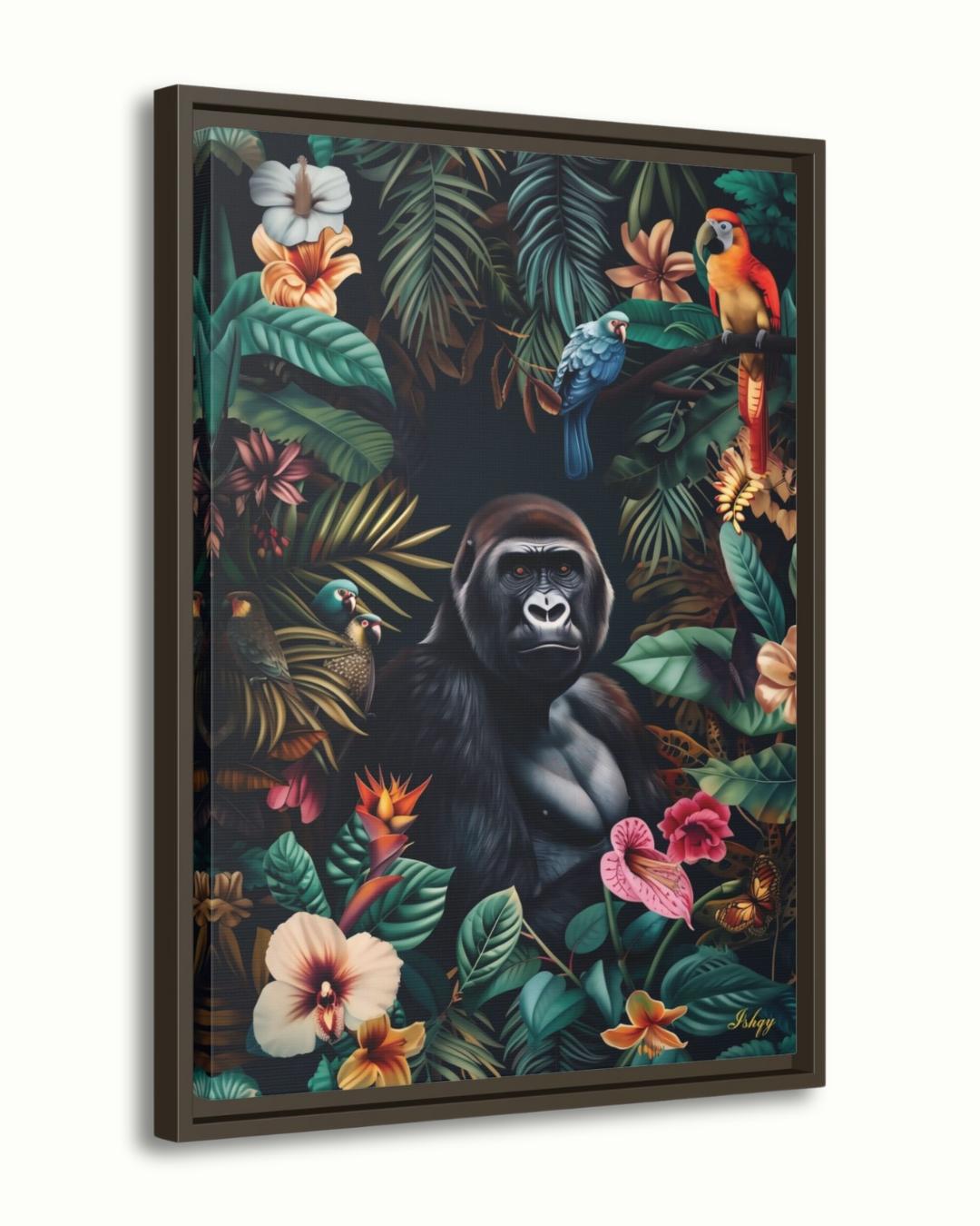 Jungle Gorilla Painting Canvas Framed Canvas, Tropical Rainforest Wildlife Art Print, Colorful Jungle Wall Art For Living Room, Bedroom, Office