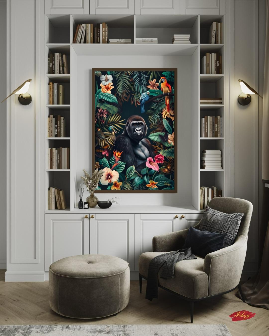 Jungle Gorilla Painting Canvas Framed Canvas, Tropical Rainforest Wildlife Art Print, Colorful Jungle Wall Art For Living Room, Bedroom, Office