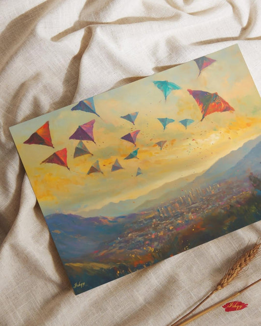 Kabul Kite Festival Painting, Afghan Wall Art, Colorful Cityscape Canvas, Mountain Sunset Decor, Cultural Travel Home Art