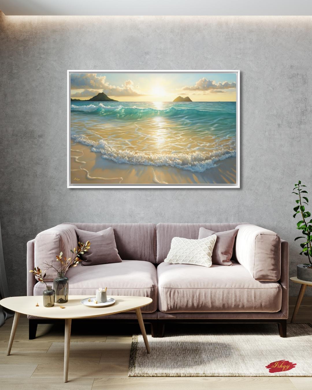 Lanikai Beach Sunrise Painting, Hawaii Ocean Wave Wall Art, Tropical Seascape Canvas for Living Room, Bedroom, or Coastal Home Decor