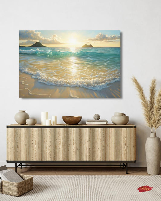 Lanikai Beach Sunrise Painting, Hawaii Ocean Wave Wall Art, Tropical Seascape Canvas for Living Room, Bedroom, or Coastal Home Decor
