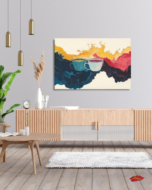 Abstract Coffee Art Splash Painting, Modern Kitchen Wall Decor, Colorful Tea Cups Canvas, Vibrant Home Art Print, Cafe Artwork