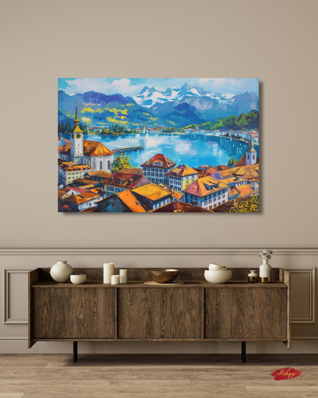 Lucerne Switzerland Cityscape Painting Canvas Framed Canvas, Lake Lucerne Art Print, Swiss Alps Large Wall Art For Living Room Office Decor