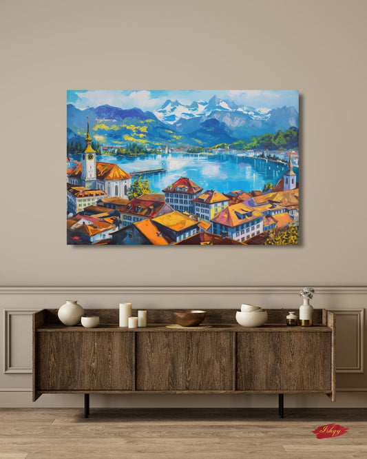 Lucerne Switzerland Cityscape Painting Canvas Framed Canvas, Lake Lucerne Art Print, Swiss Alps Large Wall Art For Living Room Office Decor