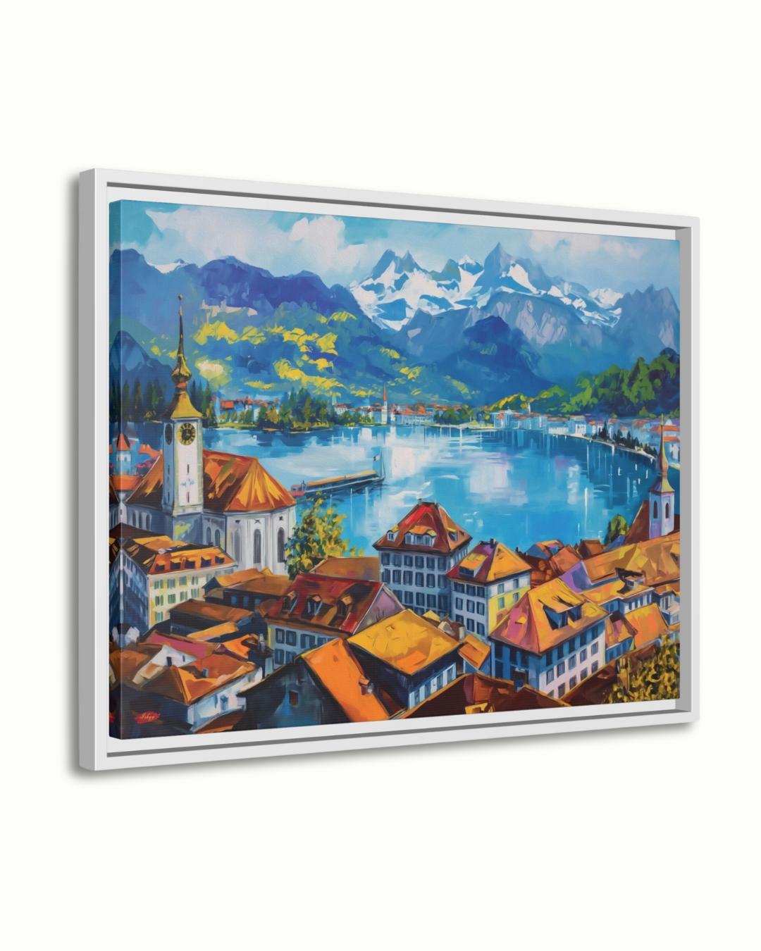 Lucerne Switzerland Cityscape Painting Canvas Framed Canvas, Lake Lucerne Art Print, Swiss Alps Large Wall Art For Living Room Office Decor