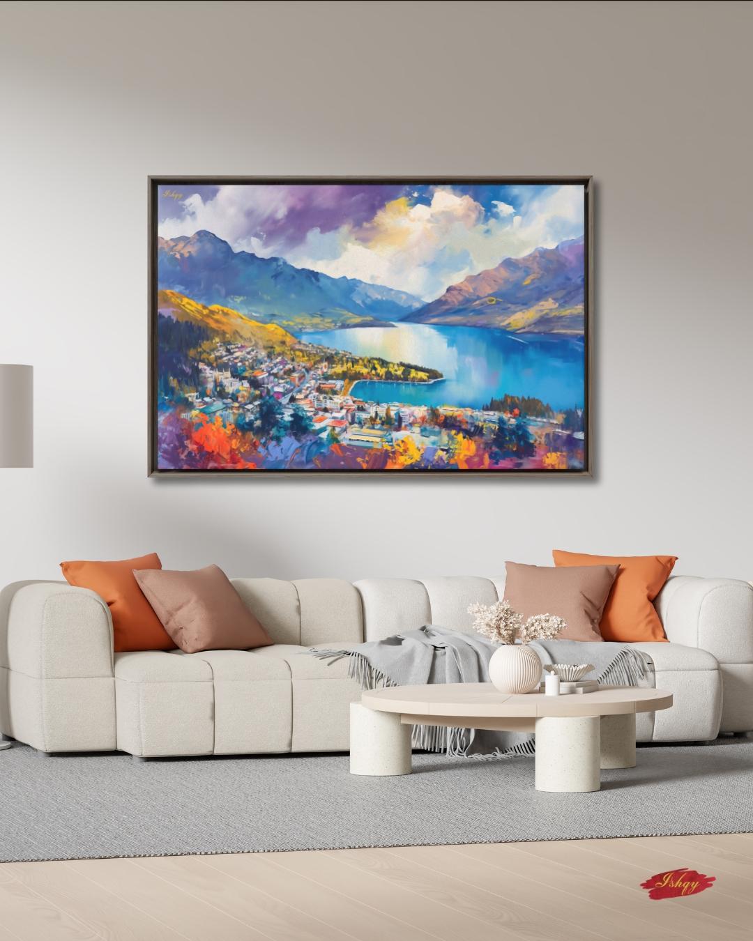 Queenstown New Zealand Wall Art, Lake Wakatipu Landscape Painting Print, Mountain Travel Art, Scenic Home Decor, Colorful Canvas Wall Art