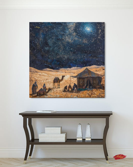 Desert Night Art, Middle Eastern Canvas, Starry Sky Print, Caravan Tent Scene, Nomad Landscape Wall Decor, Cultural Travel Artwork