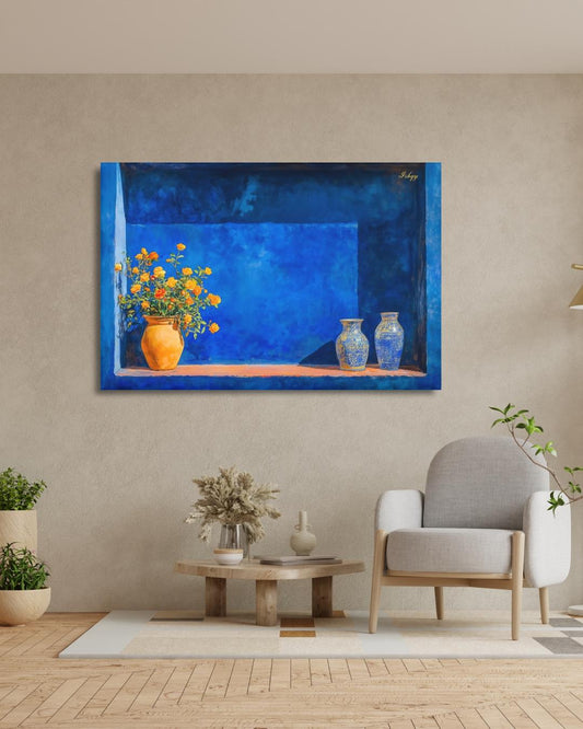 Moroccan Still Life Painting Canvas Framed Canvas, Majorelle Blue Niche With Vases Art Print, Marrakech Wall Art For Living Room Decor