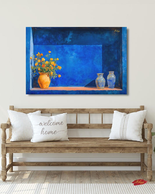 Moroccan Still Life Painting Print, Canvas & Framed Canvas, Majorelle Blue Niche With Vases Art, Marrakech Wall Art For Living Room Decor