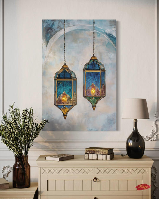 Moroccan Lanterns Wall Art Print, Canvas, Framed Canvas, Marrakech Boho Decor, Islamic Hanging Lantern Painting in Blue Teal for Living Room