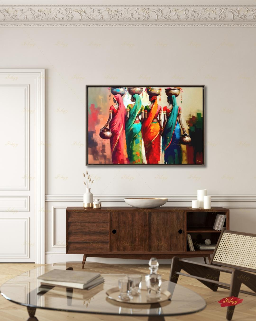 Indian Art Canvas Wall Art, Indian Paintings, Indian Woman Canvas Painting, Framed Canvas Print, Extra Large Above Fireplace, Above Bed