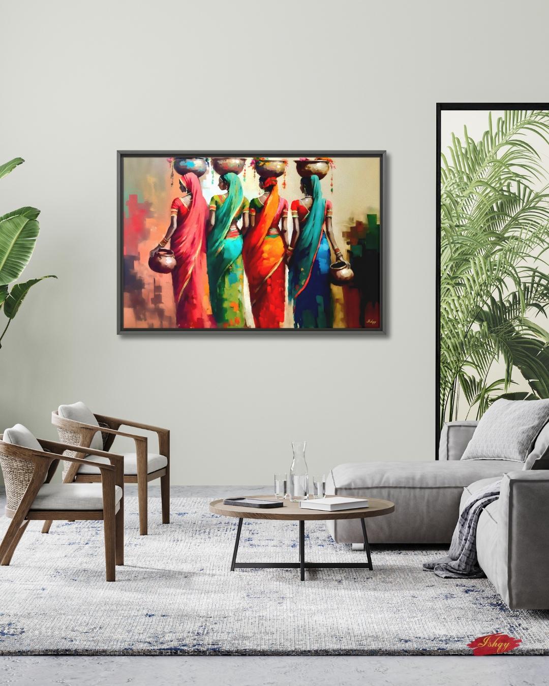 Rajasthani Women Wall Art, Indian Village Ladies Canvas Painting, Colorful Saree Artwork, Cultural Boho Home Decor for Living Room