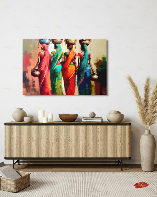 Indian Art Canvas Wall Art, Indian Paintings, Indian Woman Canvas Painting, Framed Canvas Print, Extra Large Above Fireplace, Above Bed