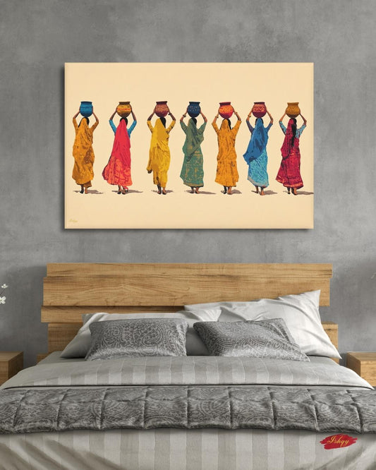Indian Women Art, Village Women Art, Water Pot Wall Art, Sari Dress Painting, Minimalist Art Print, Neutral Boho Decor, Canvas Wall Art, Framed Canvas, Fine Art Print, Modern Gallery Wall, Living Room Decor, Bedroom Wall Decor, Cultural Wall Art