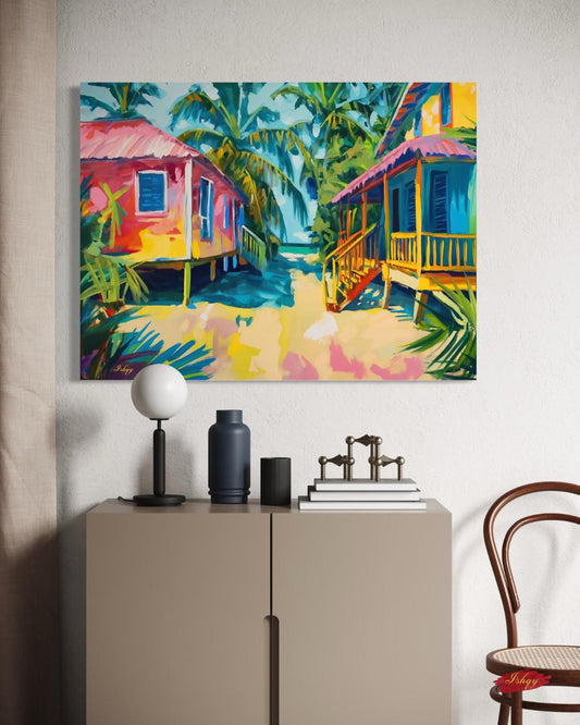 Placencia Beach Brazil Coastal Village Wall Art Print Canvas Framed Canvas Colorful Tropical Beach Houses Ocean Seaside Painting Home Decor