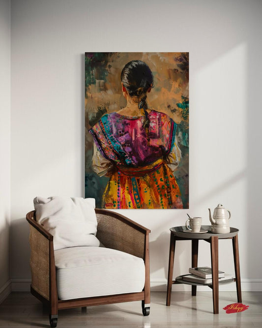 Guatemalan Woman Traditional Textile Wall Art Print, Canvas, Framed Canvas, Mayan Huipil Folk Art, Colorful Boho Bedroom Living Room Decor