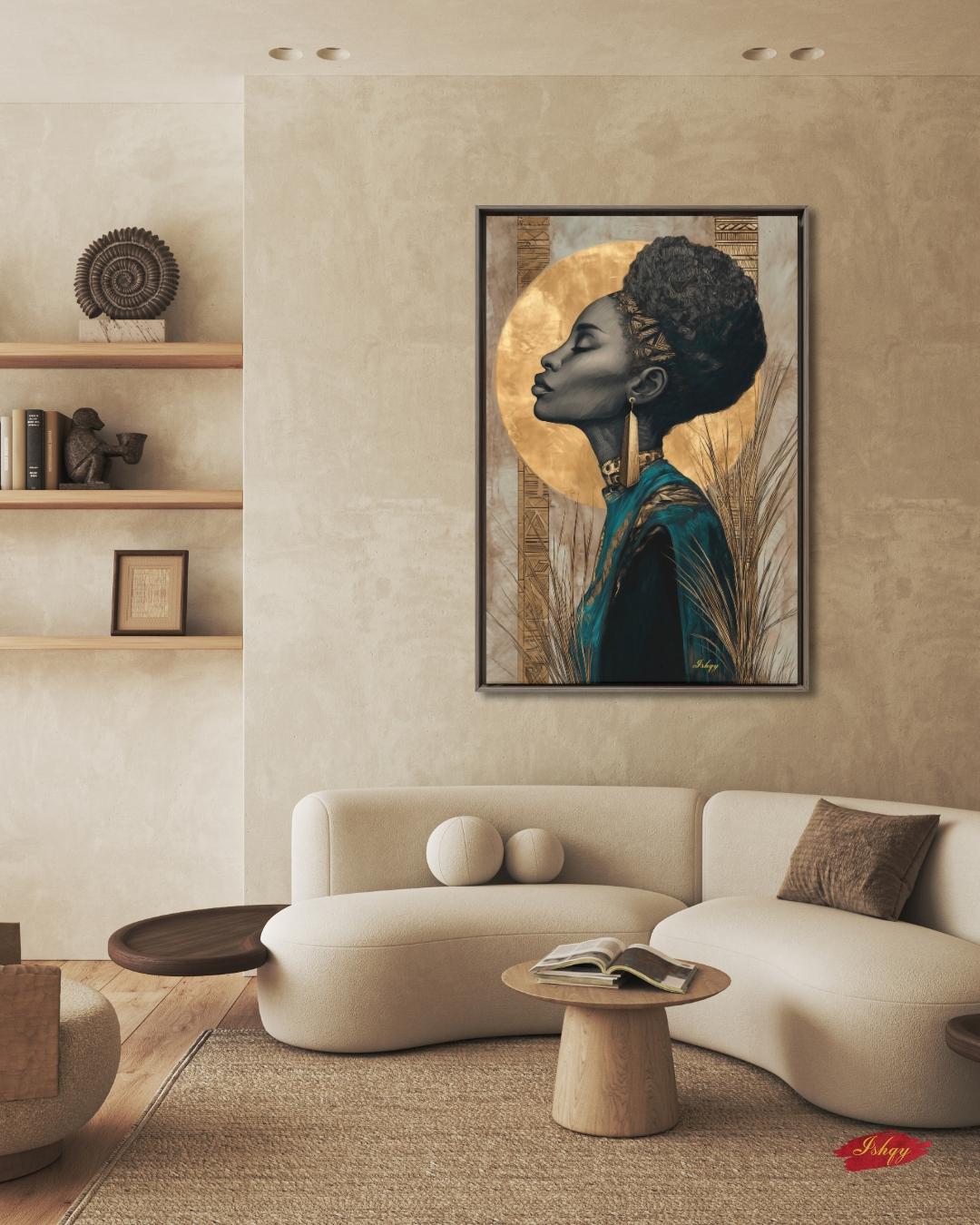 African Woman Gold Halo Wall Art, Black Queen Line Drawing, Tribal Elegance Canvas Print, Afrocentric Luxury Home Decor