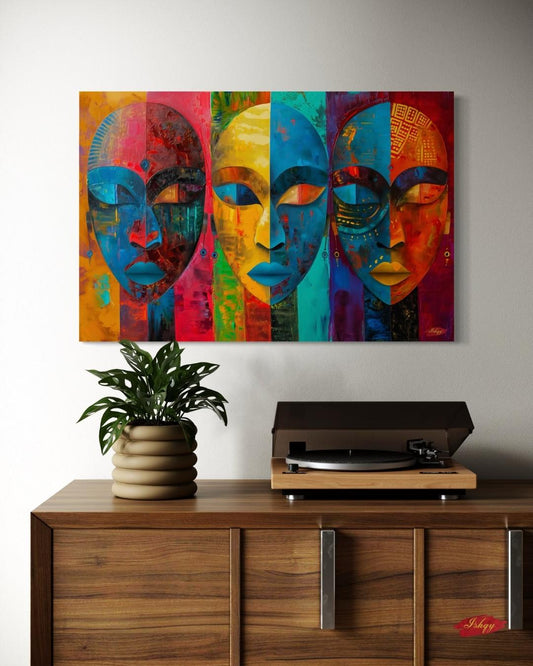 Colorful African Mask Wall Art Print, Canvas, Framed Canvas, Abstract Tribal Faces Painting, Bold Boho Decor for Living Room Bedroom Office