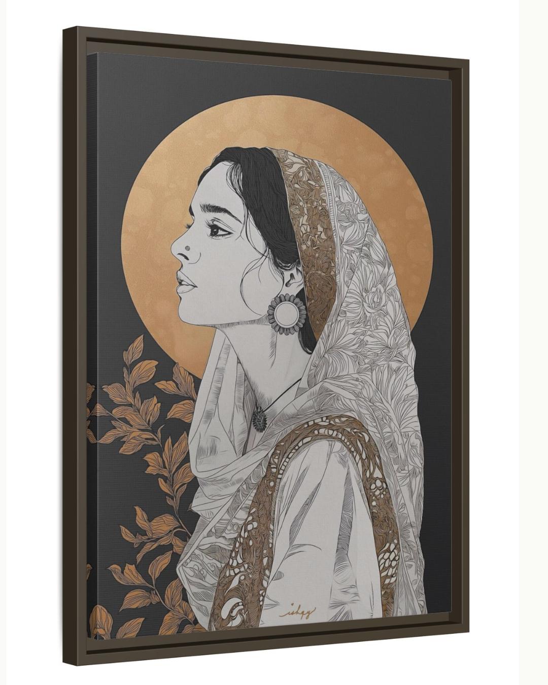 Pakistani Woman Portrait Wall Art Print, Canvas, Framed Canvas, Gold Halo Minimal Line Art, Traditional Dupatta Muslim Art, Modern Boho Decor