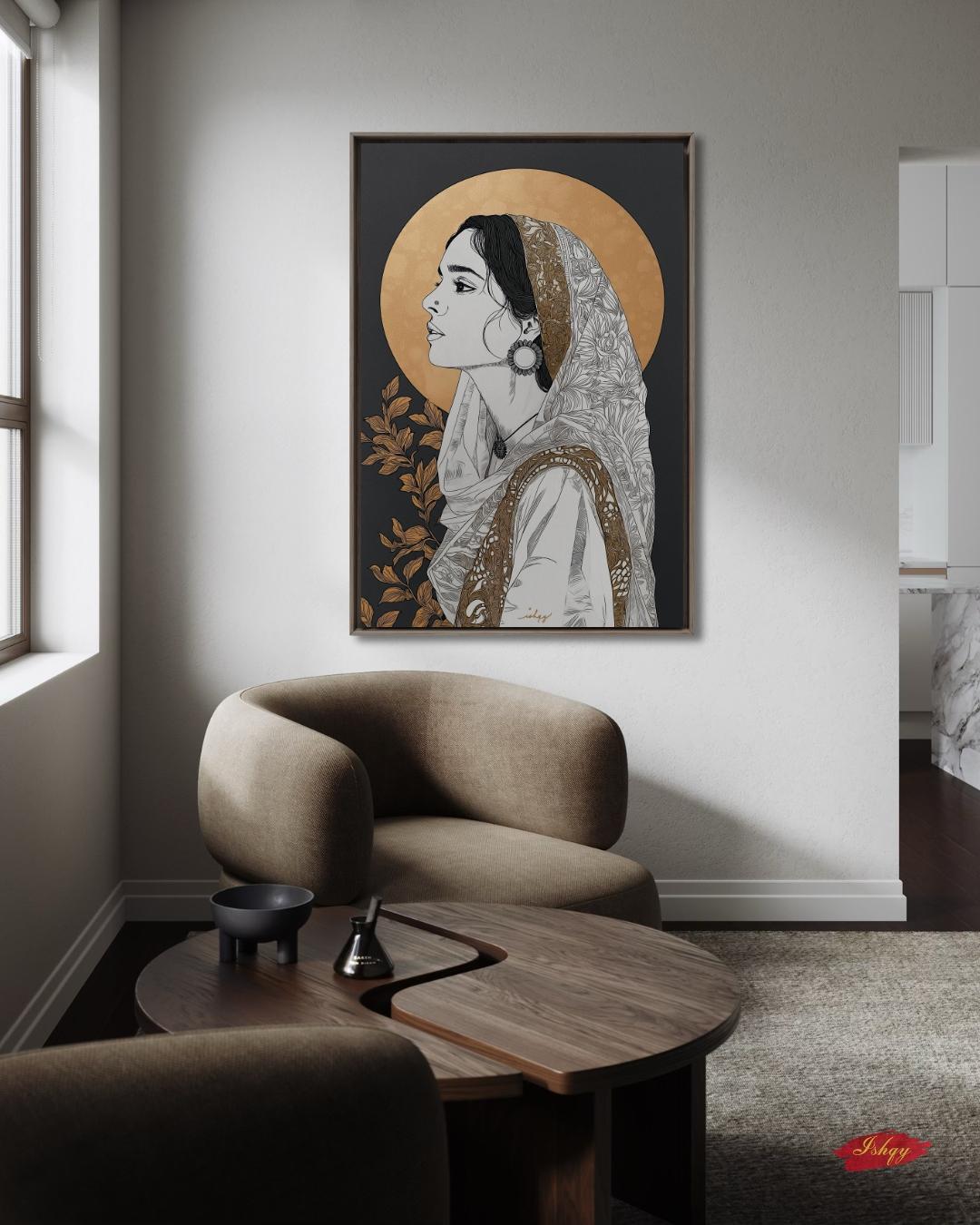 Pakistani Woman Portrait Wall Art Print, Canvas, Framed Canvas, Gold Halo Minimal Line Art, Traditional Dupatta Muslim Art, Modern Boho Decor