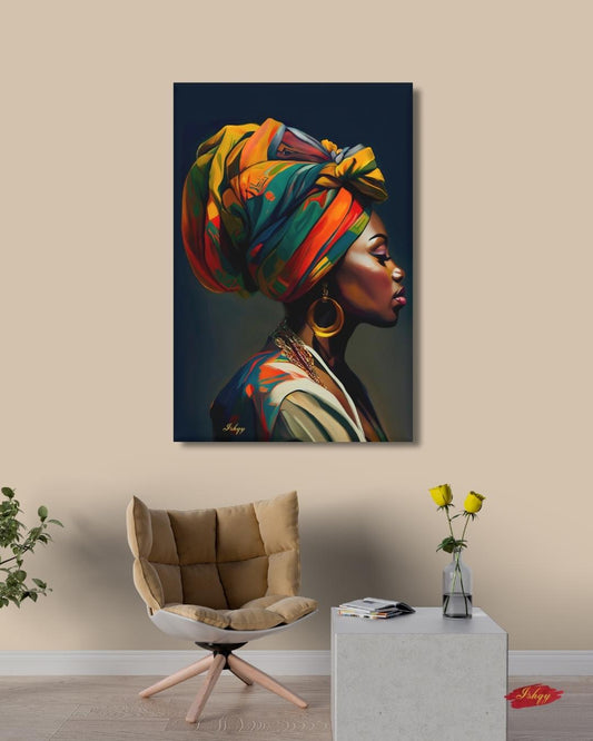 African Woman Portrait Painting, Vibrant Headwrap Wall Art, Afrocentric Beauty Canvas for Living Room, Bedroom, or Cultural Home Decor