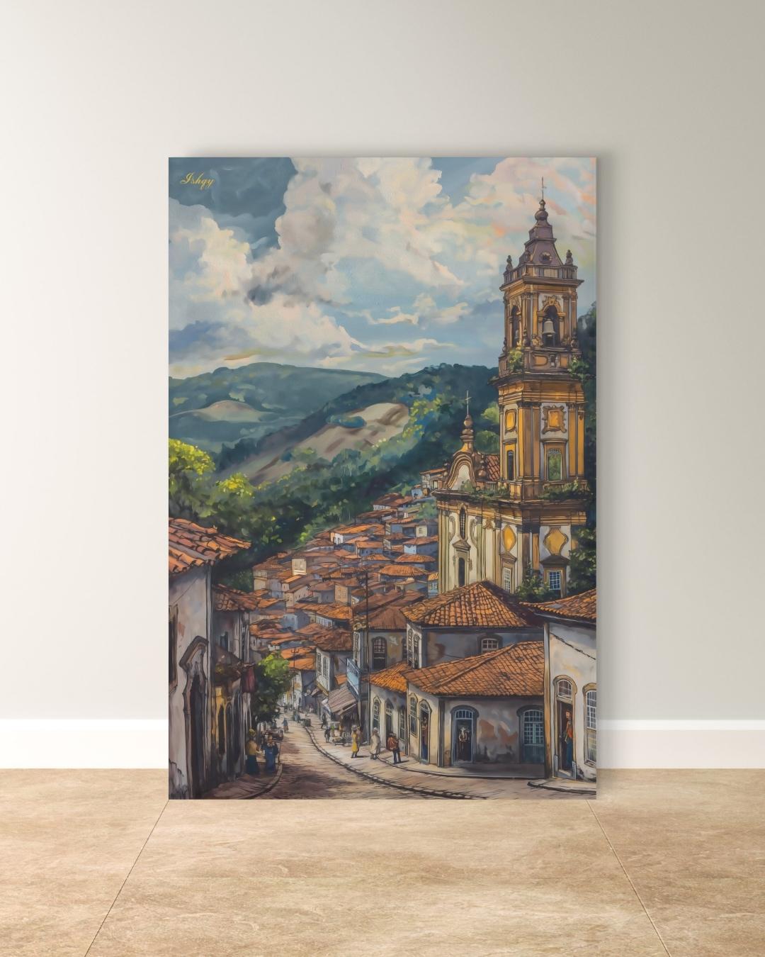 Ouro Preto Brazil Cityscape Wall Art Print Canvas Framed Canvas Colonial Baroque Church Historic Town Painting Rustic Travel Home Decor