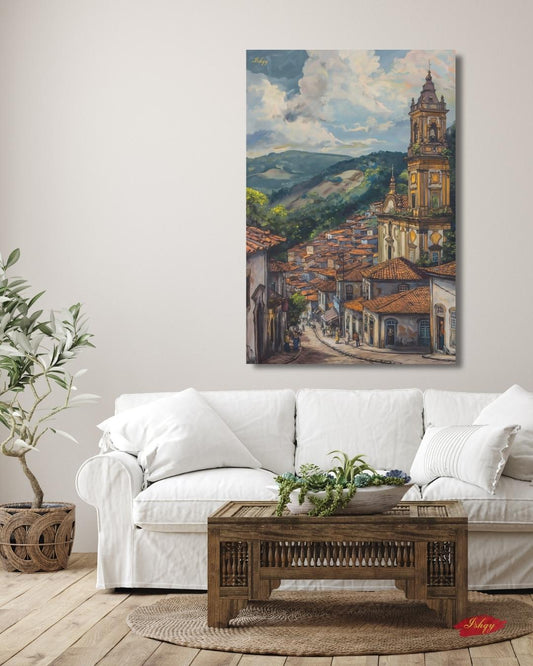 Ouro Preto Brazil Cityscape Wall Art Print Canvas Framed Canvas Colonial Baroque Church Historic Town Painting Rustic Travel Home Decor