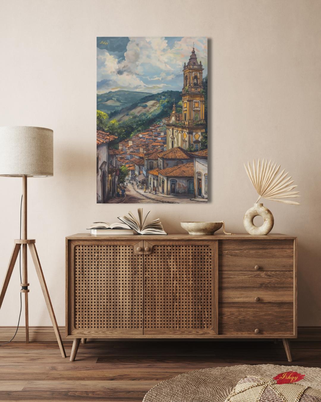 Ouro Preto Brazil Cityscape Wall Art Print Canvas Framed Canvas Colonial Baroque Church Historic Town Painting Rustic Travel Home Decor