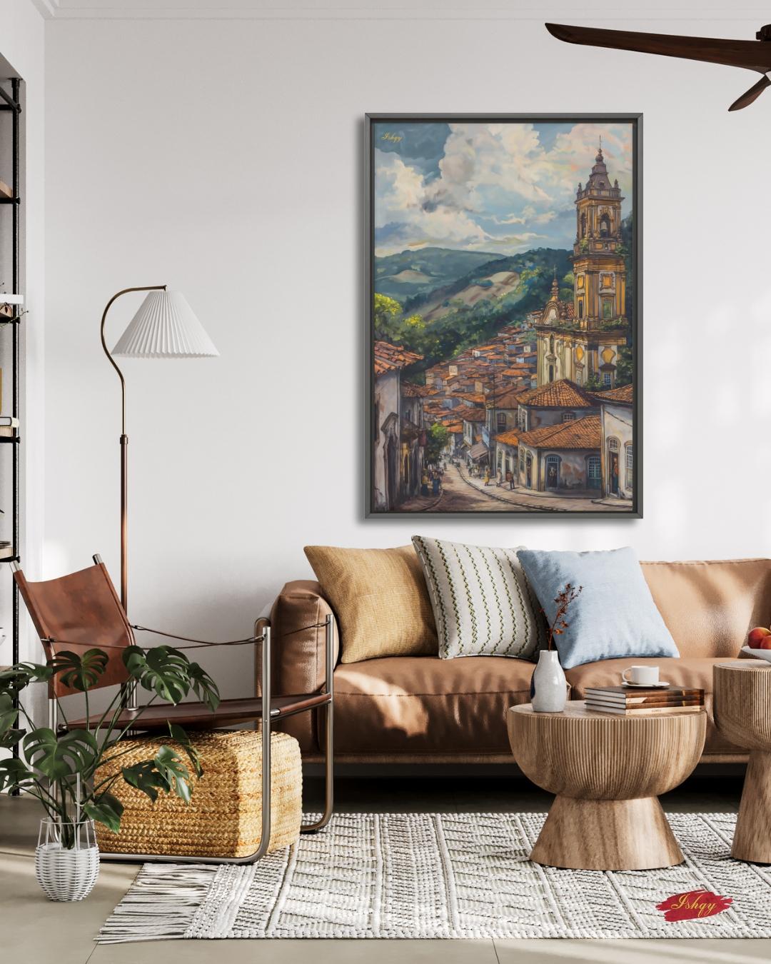 Ouro Preto Brazil Cityscape Wall Art Print Canvas Framed Canvas Colonial Baroque Church Historic Town Painting Rustic Travel Home Decor